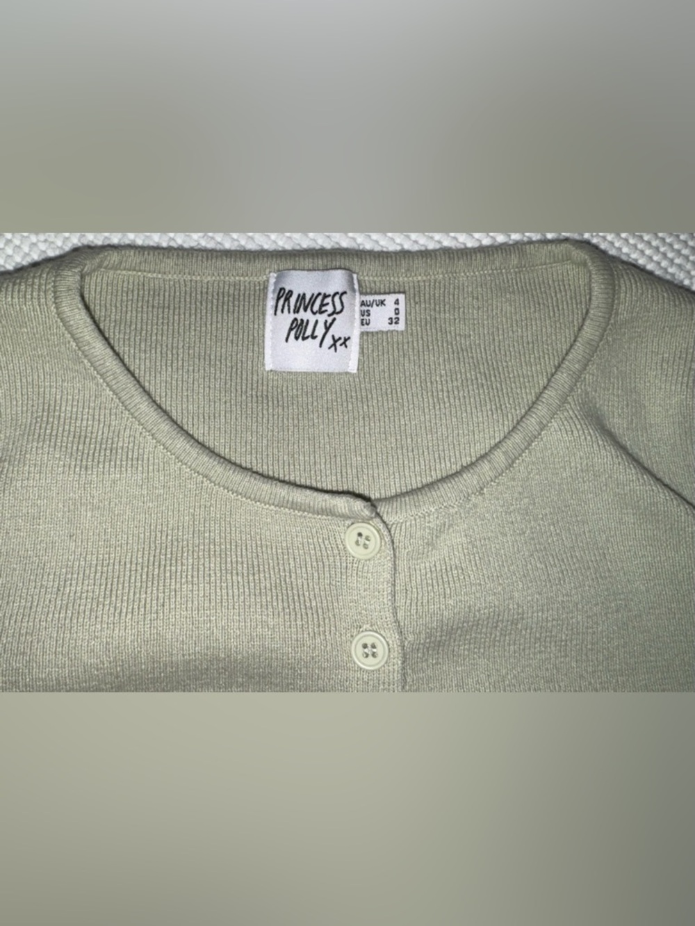 Princess Polly Cropped Ribbed‎ Cardigan Sage Green Button Front Size 0 - Picture 8 of 11
